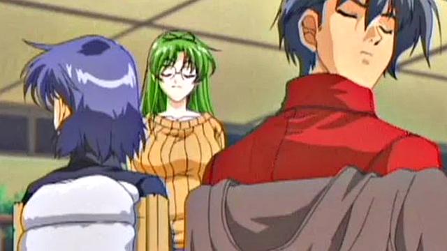 аниме-рыжая с огромными сиськами страстно скачет на члене на лестнице