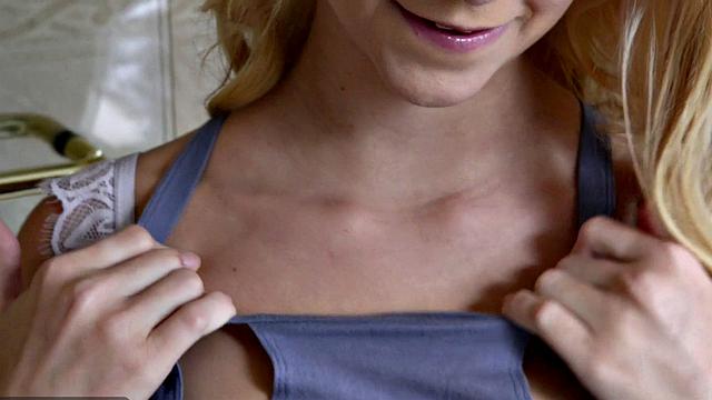 Young, skinny blonde Riley scrubs her tiny body in the shower.