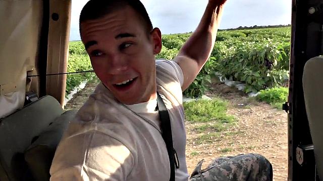 Military stud barebacked outdoors on army truck