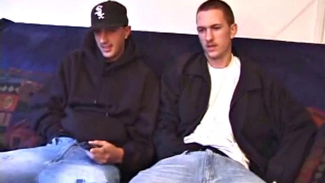 As amateurs Dion Monei and Casper Cox watch a porn video, they chat about the girls in the flick and rub their crotches. Clothes come off, cocks come out, and lube goes on.