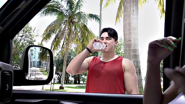 Tricked muscled stud fucks gay's asshole in bus for facial