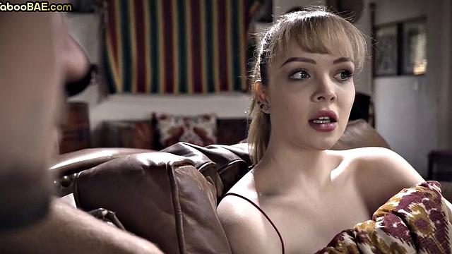 Cutie babe riding her lover on sofa