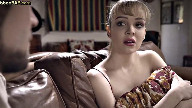 Cutie babe riding her lover on sofa