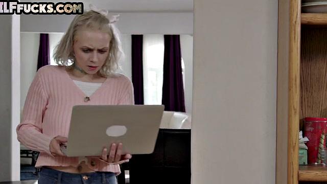 Big-titted GILF sucks cock and gets doggystyled in kitchen