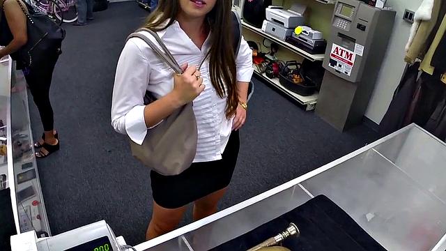 Office babe with brown hair gets fingered & jizzed on her face