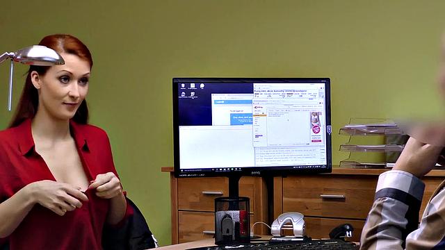 Horny redhead loan agent bangs her hard in the office