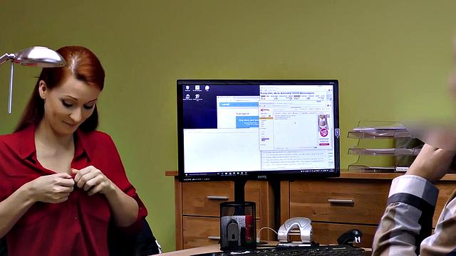 Horny redhead loan agent bangs her hard in the office