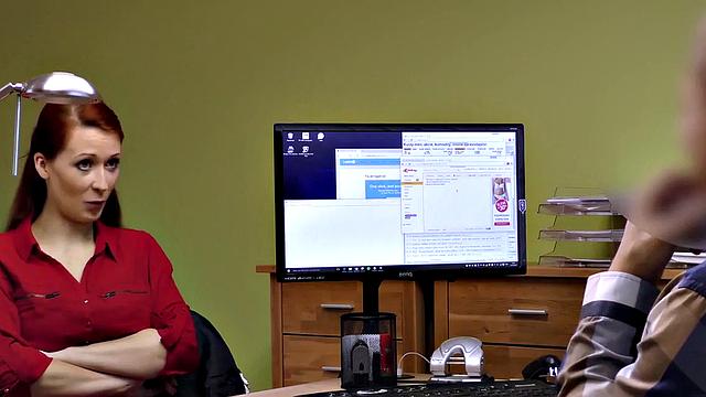 Horny redhead loan agent bangs her hard in the office