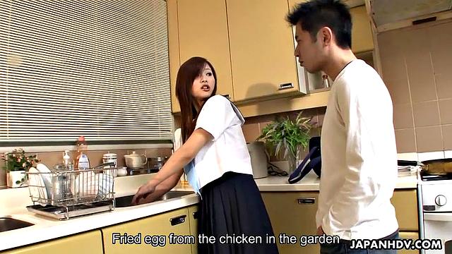 Busty Suzuka Ishikawa gives a head in the kitchen