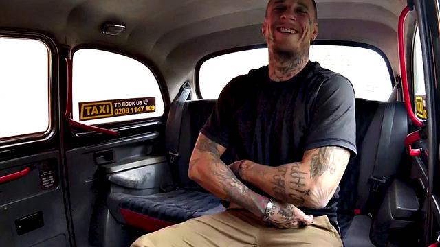 A tattooedaucasian taxi driver get his side fucking skills tested by a big cock