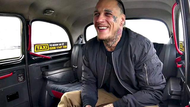 A tattooedaucasian taxi driver get his side fucking skills tested by a big cock