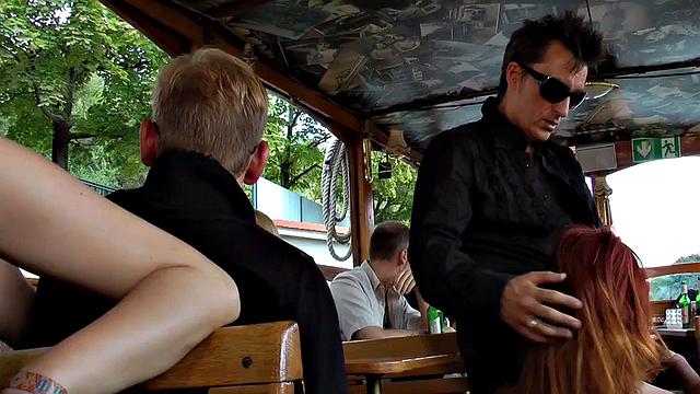 Ginger publicly sucking dom dick in kinky group