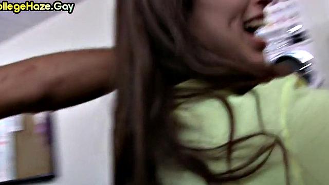 College stud throating in bathroom for fraternity