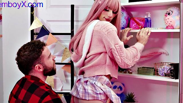 Pink hair college femboy barebacked by top BF