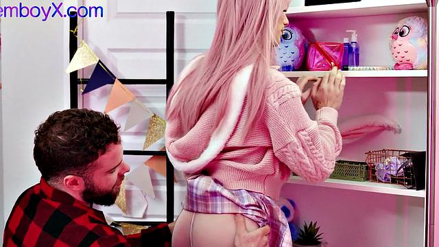 Pink hair college femboy barebacked by top BF