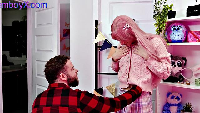 Pink hair college femboy barebacked by top BF