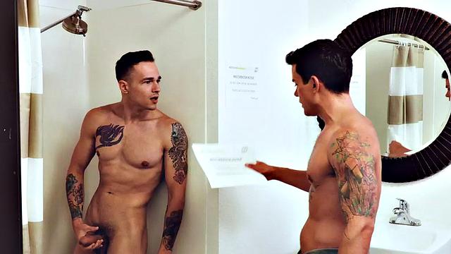 Tattooed stud rimmed and barebacked under shower to cum