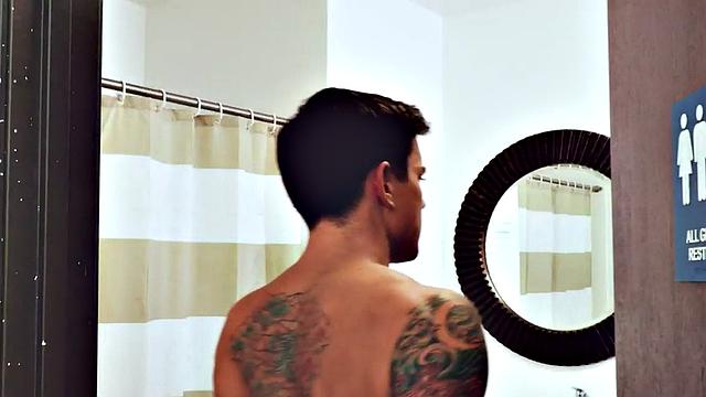 Tattooed stud rimmed and barebacked under shower to cum