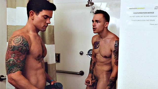 Tattooed stud rimmed and barebacked under shower to cum