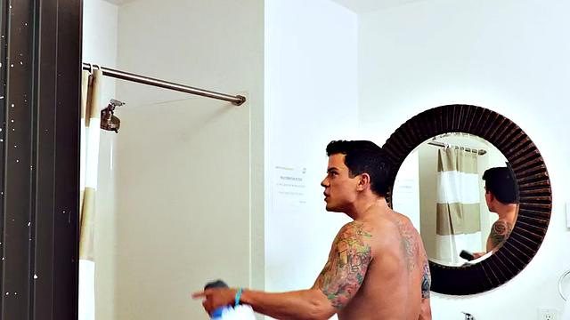 Tattooed stud rimmed and barebacked under shower to cum