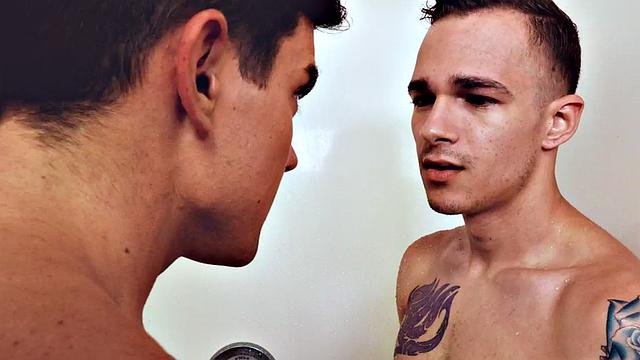 Tattooed stud rimmed and barebacked under shower to cum