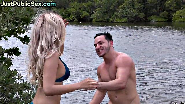 Horny blonde bounces on stranger outdoors