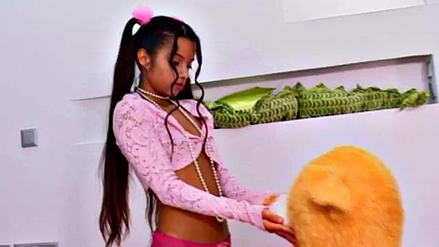 Stockinged Latina slut Little Lupe fingering pussy