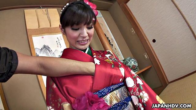 Yuria Tominaga in kimono gets things on pussy
