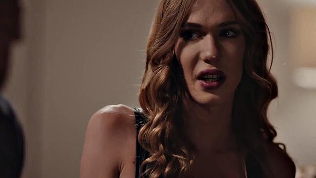 Petite transsexual rides big white dick anally