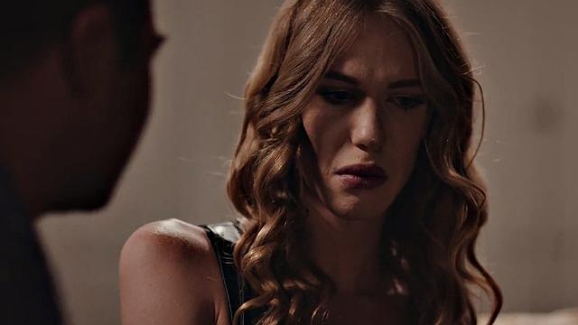 Petite transsexual rides big white dick anally