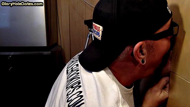 Gloryhole amateur DILF opens mouth for BJ session