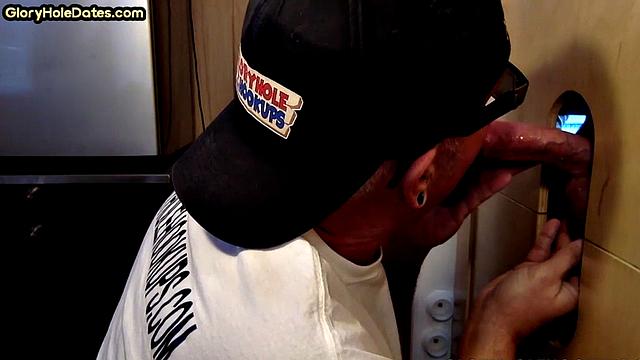 Gloryhole amateur DILF opens mouth for BJ session