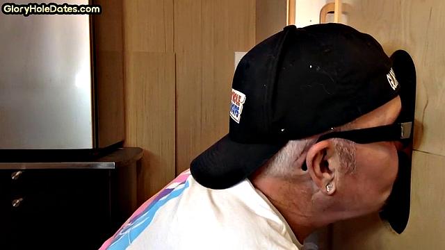 Gloryhole amateur DILF sucks with his hungry mouth