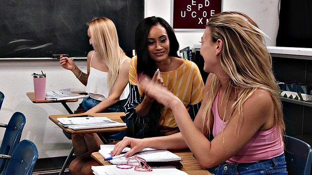 Kinky American teen with natural tits gives classroom kissing & high heels play
