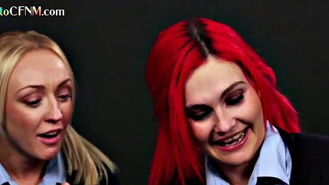 Femdom CFNM college gals suck classmate's cock in group BJ