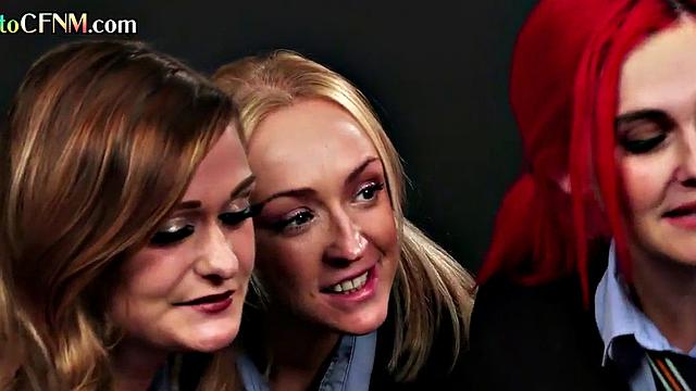 Femdom CFNM college gals suck classmate's cock in group BJ