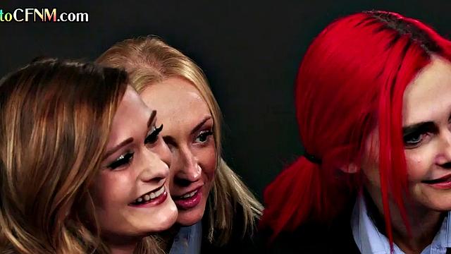 Femdom CFNM college gals suck classmate's cock in group BJ