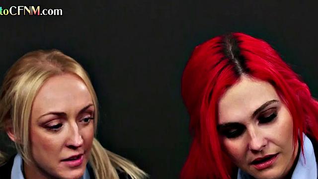 Femdom CFNM college gals suck classmate's cock in group BJ