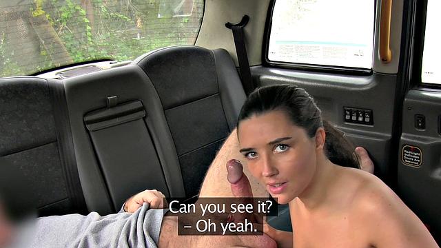 Brunette with puffy nipples gets her tight pussy drilled hard in car