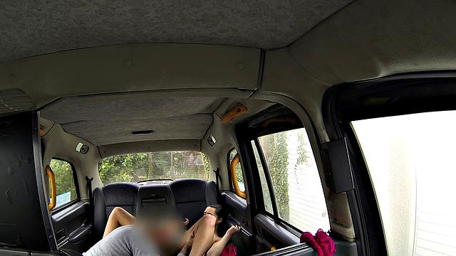 Brunette with puffy nipples gets her tight pussy drilled hard in car