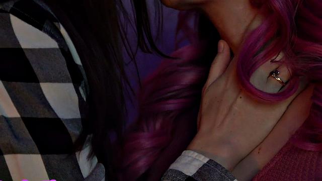 Pink hair and busty Trans lady fucks GFs pussy