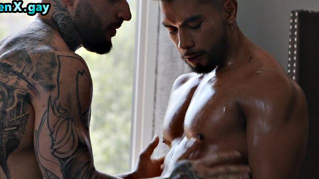 Insatiable hunky barebacking friend in bedroom