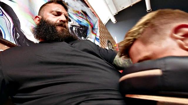 Tied skinny stud bareback fucked by tattoo artist