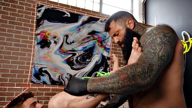 Tied skinny stud bareback fucked by tattoo artist