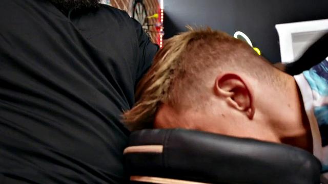 Tied skinny stud bareback fucked by tattoo artist