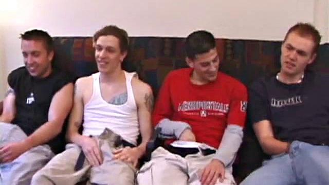 These 4 young guys are hanging out together and watching a video. There are a lot of quick glances at the other, before the clothes are stripped off and the group action begins. Brett takes the lead and goes down on Kyle.