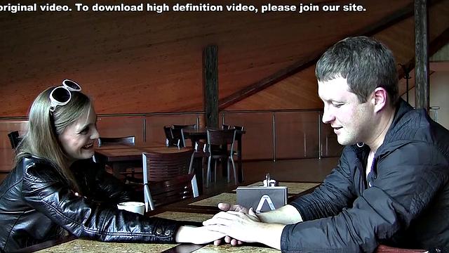 Sexy brunette meets and fucks him hard at home