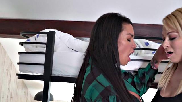 Hostel girls fuck hard in threesome with wild fucker