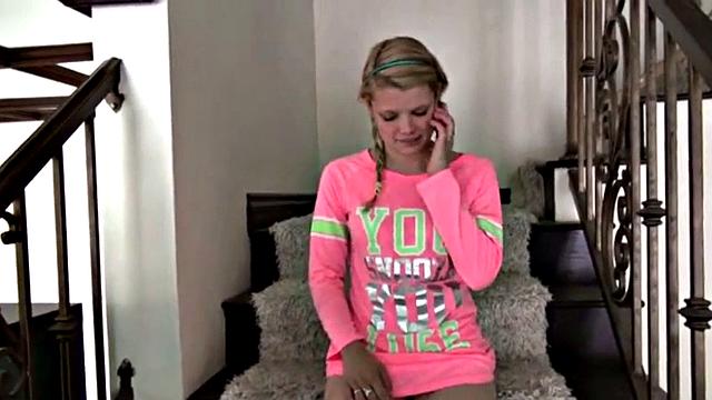 Shaved teen masturbates