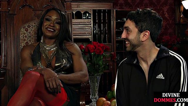 Strict black domme punishing cbt subject with kicking